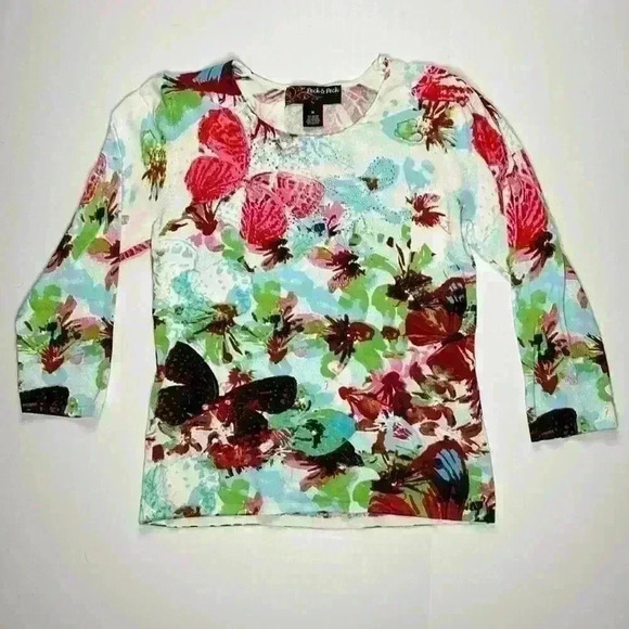 Peck & Peck Floral and Butterfly Sequined Blouse Size Medium - Picture 1 of 3